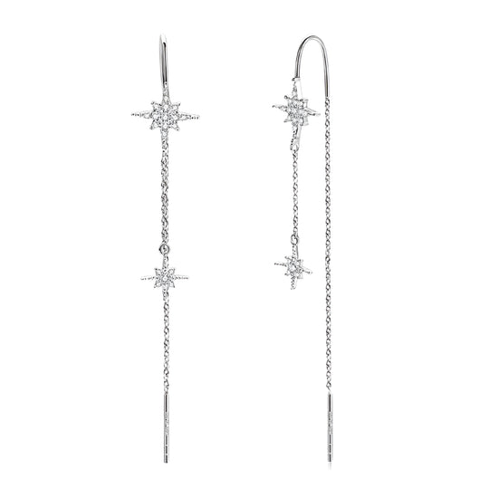 Celestial Eight-Pointed Star Moissanite Threader Earrings – 925 Silver, D VVS1