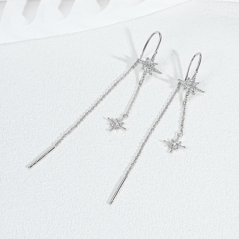 Celestial Eight-Pointed Star Moissanite Threader Earrings – 925 Silver, D VVS1