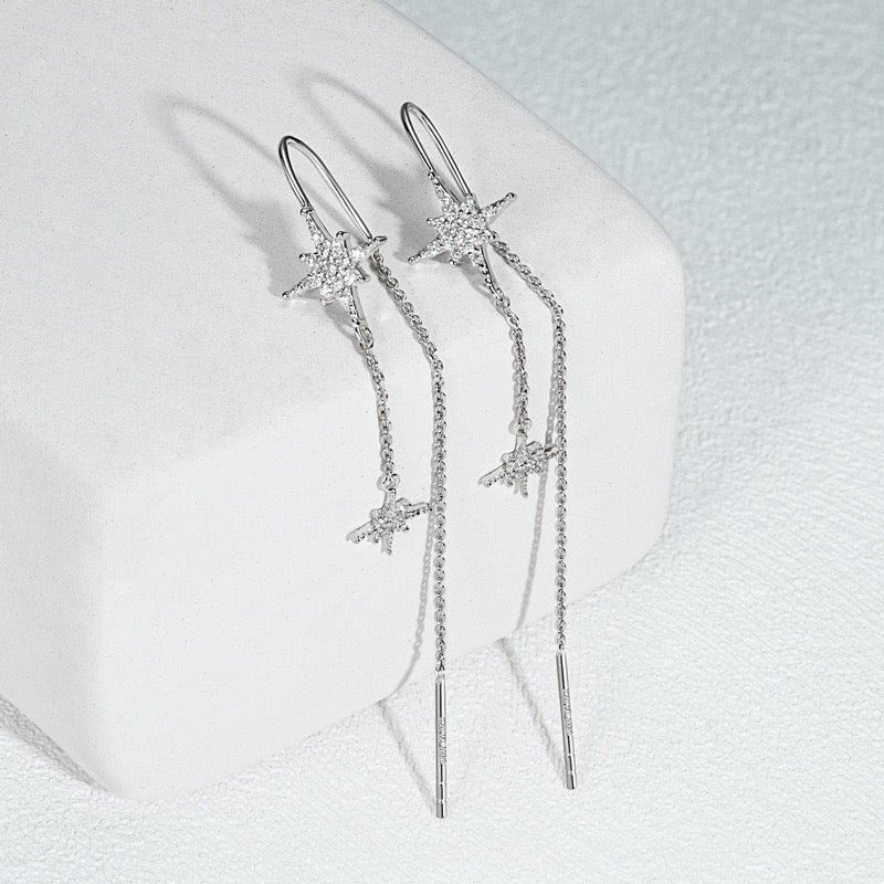 Celestial Eight-Pointed Star Moissanite Threader Earrings – 925 Silver, D VVS1