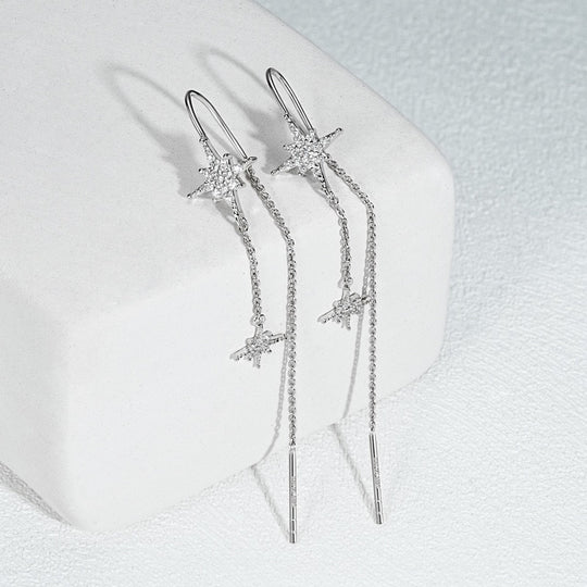 Celestial Eight-Pointed Star Moissanite Threader Earrings – 925 Silver, D VVS1