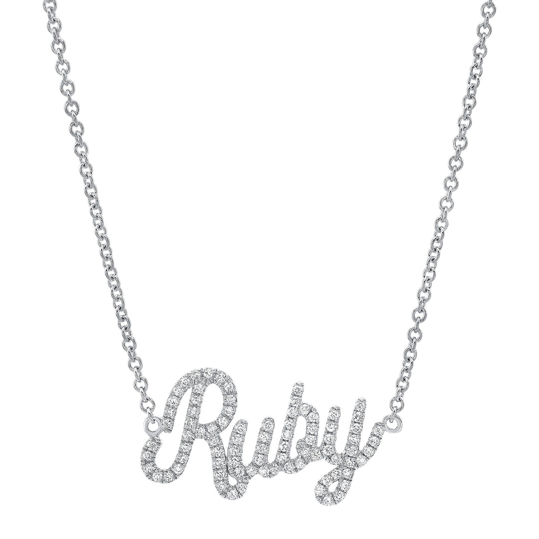 a diamond name necklace, the name is ruby