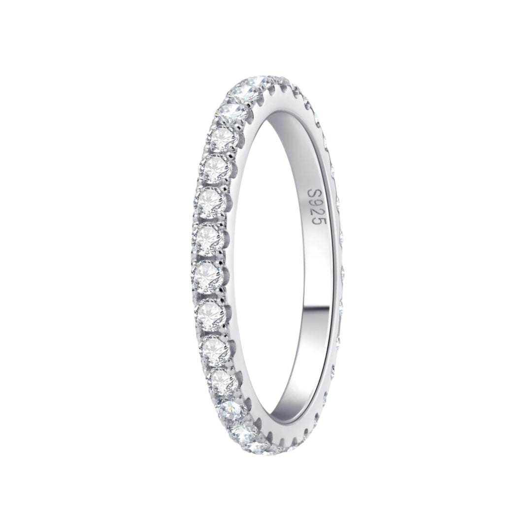 Stylish Full Eternity Moissanite Ring – 2mm, D Colour VVS1 | 925 Silver, White Gold Plated